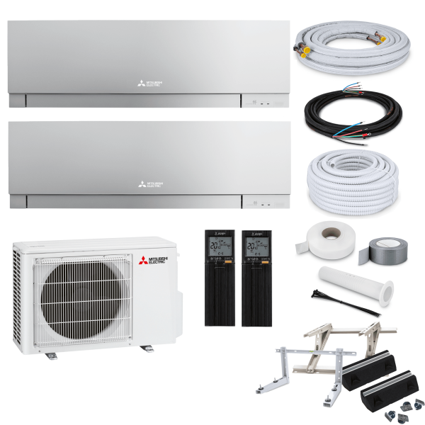 Mitsubishi MultiSplit Premium - 2x MSZ-EF35VGKS + MXZ-2F53VF4 - 3,5 kW - Silber - ohne Montage Set - Wandkonsole MS253
