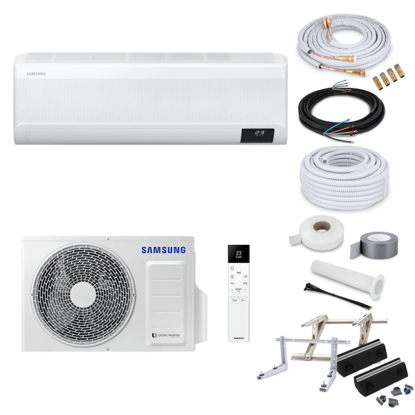 Samsung Klimaanlage Wind-Free Elite AR09CXCAAWKNEU/X R32 Wandgerät-Set 2,5 kW - 15 Meter + Nachfüllung - Dachkonsole MT630